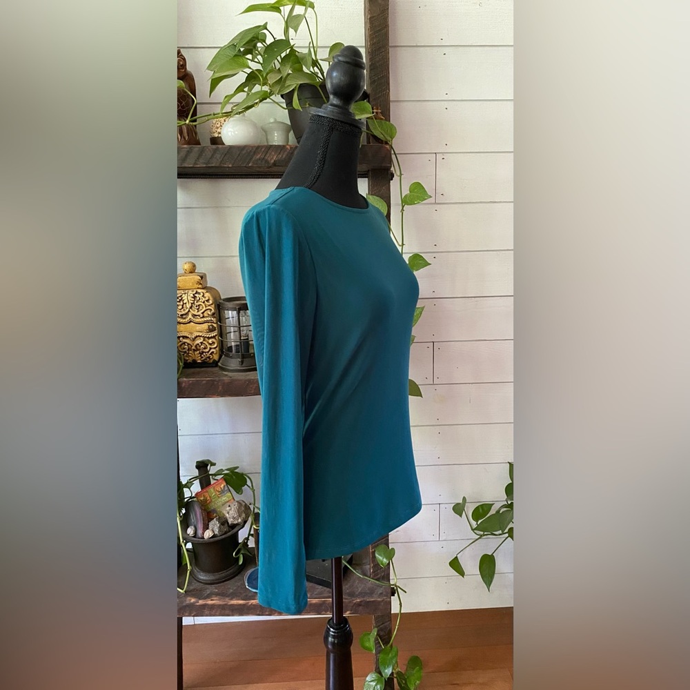 Kaileigh: Green Teal Stretchy Long Sleeve Women's Top With Outer Lace Shell - Picture 14 of 16